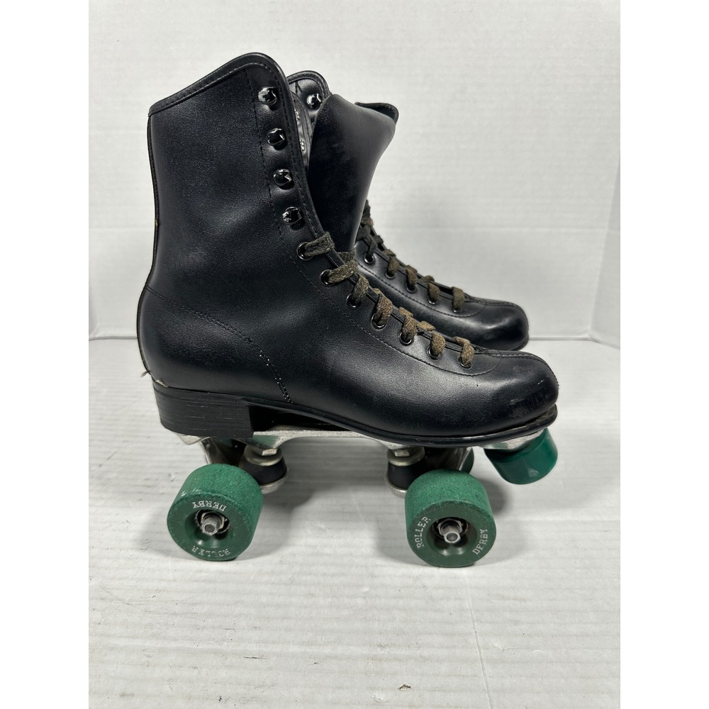 Roller Derby Black High Top Quad Roller Skates Green Wheels Size 6 Retro Style